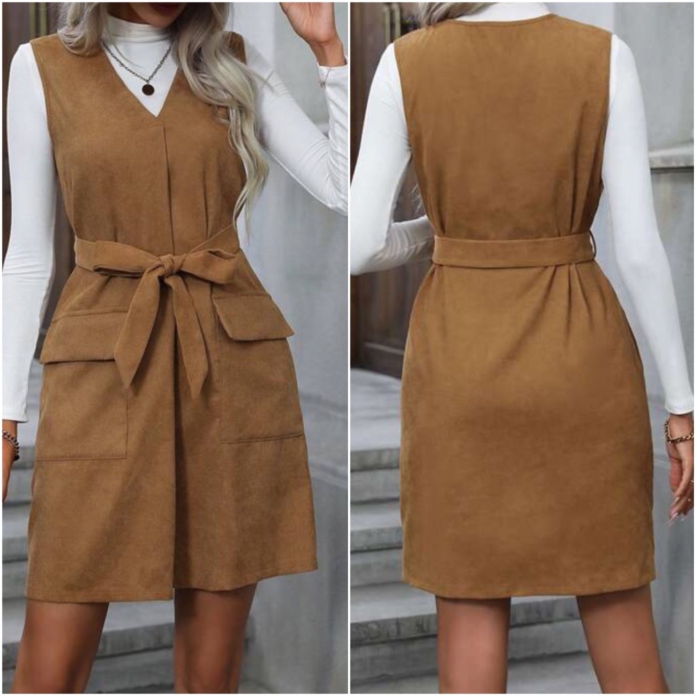 Classic Sleeveless V neck Belted Mini Dress - Picture 2 of 3